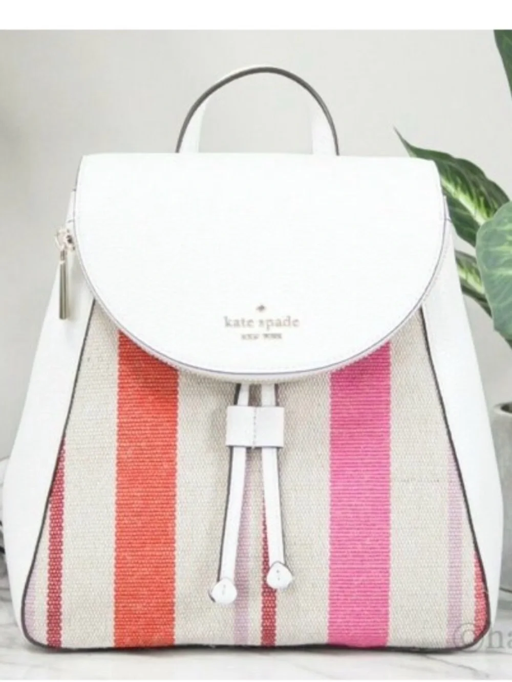 Kate Spade White Pink Leila Striped Backpack